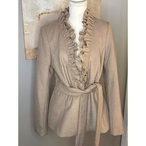 HM Women Tan Beige Ruffle Neck Wool Blend Belted Jacket Blazer Size 14 EUR 44